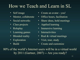 How we Teach and Learn in SL Self image Mentor, collaborate Social networks Class projects Roleplay Learning games Blended reality Exploration Build Create an avatar - you! Office hours, facilitation Share ideas, hold meetings Applied learning Immersive learning Interactivities Real & virtual meetings Visit, tour, study Create and customize 80% of the world’s Internet users will be in a virtual world  by 2011 (Gartner, 2007) -- Are you ready? 
