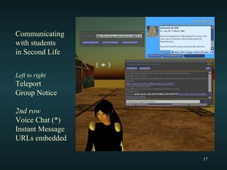 Communicating  with students in Second Life Left to right Teleport Group Notice 2nd row Voice Chat (*) Instant Message URLs embedded 