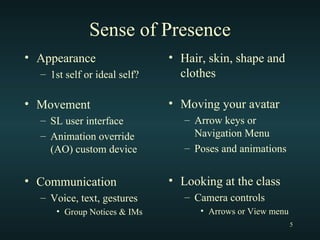Sense of Presence Appearance 1st self or ideal self? Movement SL user interface Animation override (AO) custom device Communication Voice, text, gestures Group Notices & IMs Hair, skin, shape and clothes Moving your avatar  Arrow keys or Navigation Menu Poses and animations Looking at the class Camera controls Arrows or View menu 