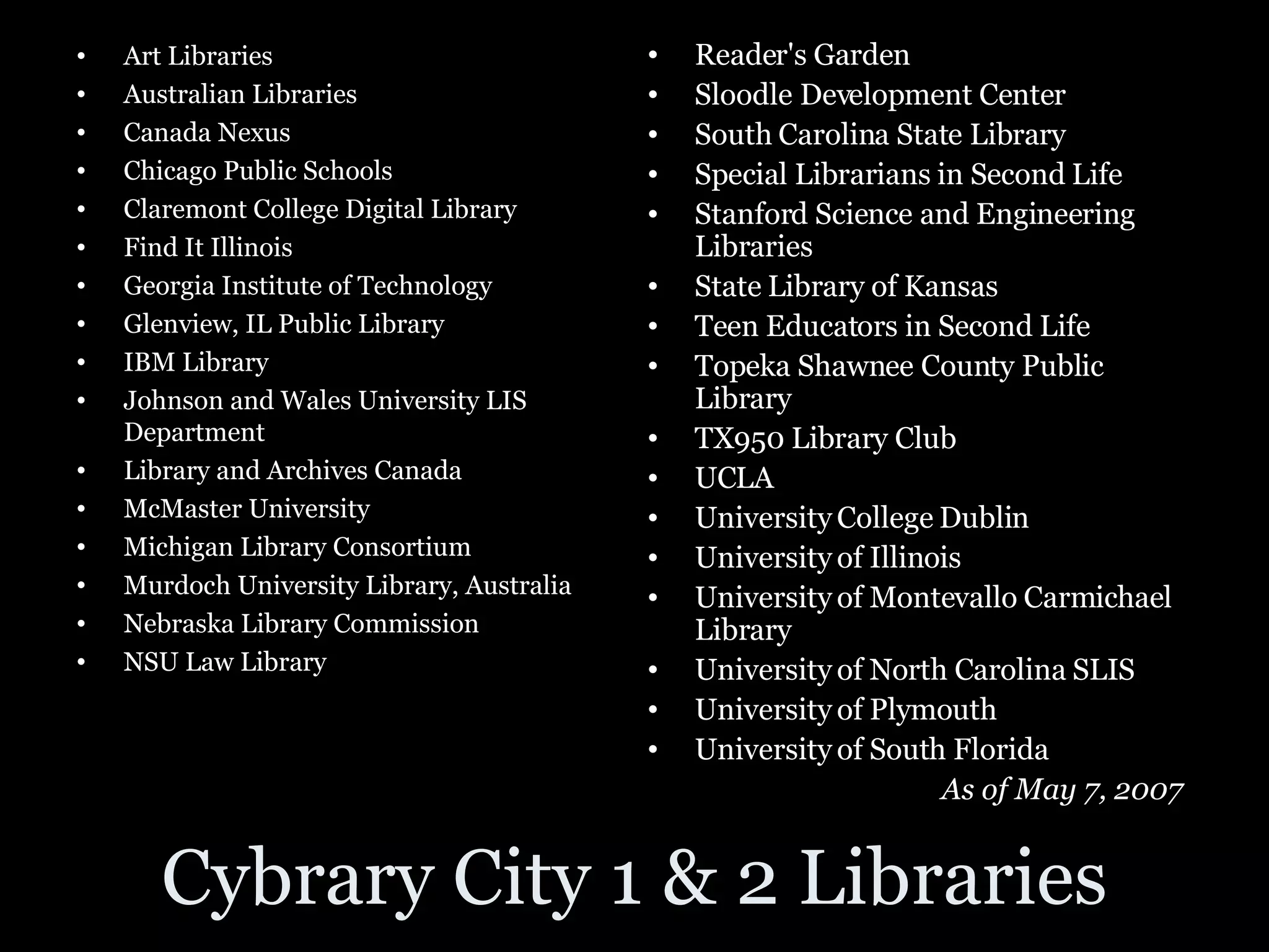 Cybrary City 1 & 2 Libraries Art Libraries Australian Libraries Canada Nexus Chicago Public Schools Claremont College Digital Library Find It Illinois Georgia Institute of Technology Glenview, IL Public Library IBM Library Johnson and Wales University LIS Department Library and Archives Canada McMaster University Michigan Library Consortium Murdoch University Library, Australia Nebraska Library Commission NSU Law Library Reader's Garden Sloodle Development Center South Carolina State Library Special Librarians in Second Life Stanford Science and Engineering Libraries State Library of Kansas Teen Educators in Second Life Topeka Shawnee County Public Library TX950 Library Club  UCLA  University College Dublin University of Illinois  University of Montevallo Carmichael Library University of North Carolina SLIS University of Plymouth University of South Florida As of May 7, 2007 