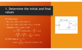 1. Determine the initial and final
values
For initial values:
• At : ;
• At : ; ;
• Using KCL:
For final values at :
 