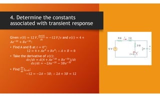 4. Determine the constants
associated with transient response
Given and
:
• Find A and B at :
• Take the derivative of :
• Find :
 