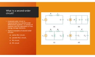 What is a second-order
circuit?
• A second-order circuit is
characterized by a second-order
differential equation. It consists of
resistors and the equivalent of two
energy storage elements.
• Typical examples of second-order
circuits:
a) series RLC circuit,
b) parallel RLC circuit,
c) RL circuit,
d) RC circuit
 