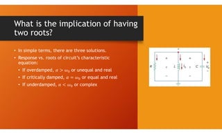 What is the implication of having
two roots?
• In simple terms, there are three solutions.
• Response vs. roots of circuit’s characteristic
equation:
• If overdamped, or unequal and real
• If critically damped, or equal and real
• If underdamped, or complex
 