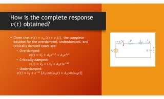 How is the complete response
obtained?
• Given that , the complete
solution for the overdamped, underdamped, and
critically damped cases are:
• Overdamped:
• Critically damped:
• Underdamped:
 