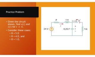 Practice Problem
• Given the circuit
shown, find and
for .
• Consider these cases:
• R = 5 Ω
• R = 4 Ω, and
• R = 1 Ω.
 