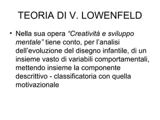 TEORIA DI V. LOWENFELD
• Nella sua opera “Creatività e sviluppo
mentale” tiene conto, per l’analisi
dell’evoluzione del disegno infantile, di un
insieme vasto di variabili comportamentali,
mettendo insieme la componente
descrittivo - classificatoria con quella
motivazionale
 