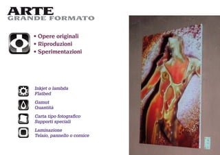 ARTE
GRANDE FORMATO

     Opere originali
     Riproduzioni
     Sperimentazioni




    Inkjet o lambda
    Flatbed
    Gamut
    Quantità
    Carta tipo fotograﬁco
    Supporti speciali
    Laminazione
    Telaio, pannello o cornice
 