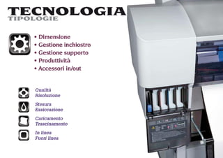 TECNOLOGIA
TIPOLOGIE

   Dimensione
   Gestione inchiostro
   Gestione supporto
   Produttività
   Accessori in/out


  Qualità
  Risoluzione
  Stesura
  Essiccazione
  Caricamento
  Trascinamento
  In linea
  Fuori linea
 