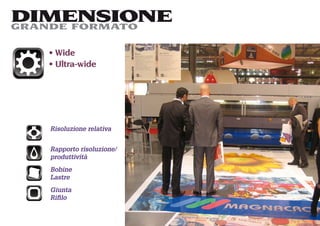 DIMENSIONE
GRANDE FORMATO

    Wide
    Ultra-wide




   Risoluzione relativa


   Rapporto risoluzione/
   produttività
   Bobine
   Lastre
   Giunta
   Riﬁlo
 