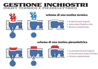 GESTIONE PIEZOELETTRICO
INKJET TERMICO E
                 INCHIOSTRI
                schema di una testina termica

                                Il calore fa uscire la goccia
                                Senza calore il liquido si ritira
                                Ricarica e mantenimento




          schema di una testina piezoelettrica


                                 La pressione fa uscire la goccia
                                 Il risucchio stacca la goccia di netto
                                 Ricarica e mantenimento
 
