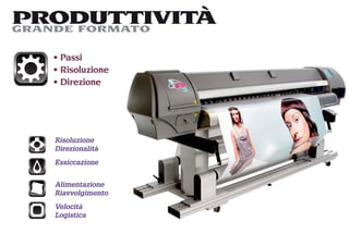 PRODUTTIVITÀ
GRANDE FORMATO

   Passi
   Risoluzione
   Direzione




  Risoluzione
  Direzionalità
  Essiccazione


  Alimentazione
  Riavvolgimento
  Velocità
  Logistica
 