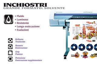 INCHIOSTRI
GRANDE FORMATO: SOLVENTE

     Fluido
     Luminoso
     Resistente
     Lunga essiccazione
     Esalazioni


    Brillante
    Traslucido
    Numero
    Essiccazione
    Grip
    Fusione
    Protezione
    Essiccazione supplementare
 