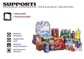 SUPPORTI PELLICOLE (SLEEVE)
PICCOLO FORMATO:

    Ultrasottile
    Termoretraibile




   Etichette
   Packaging
   Digital offset
   Laser
   Elasticità
   Termoresistenza
   Riscladamento
   Infrarossi
 