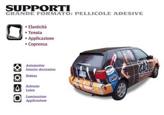 SUPPORTI PELLICOLE ADESIVE
GRANDE FORMATO:

    Elasticità
    Tenuta
    Applicazione
    Coprenza



   Automotive
   Interior decoration
   Bobina


   Solvente
   Latex
   Laminazione
   Applicazione
 