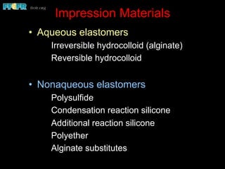Impression Materials
•  Aqueous elastomers
Irreversible hydrocolloid (alginate)
Reversible hydrocolloid
•  Nonaqueous elastomers
Polysulfide
Condensation reaction silicone
Additional reaction silicone
Polyether
Alginate substitutes
 