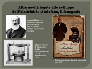 Antonio Meucci fu
l‟effettivo inventore
del dispositivo
che si sarebbe
evoluto nel moderno
telefono




        Il primo telefono
        di Alexander
        Bell fu
        sperimentato nel
        1875 e
        brevettato nel
        1876
                            Edison sperimentò il primo fonografo
                            nel 1877
 