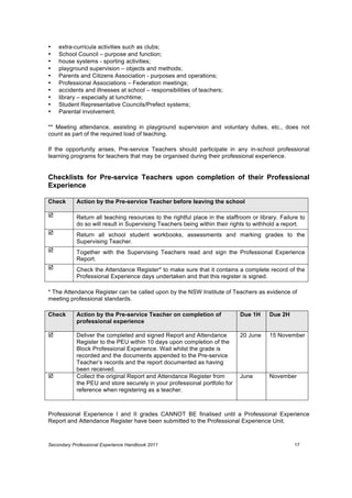 •    extra-curricula activities such as clubs;
•    School Council – purpose and function;
•    house systems - sporting activities;
•    playground supervision – objects and methods;
•    Parents and Citizens Association - purposes and operations;
•    Professional Associations – Federation meetings;
•    accidents and illnesses at school – responsibilities of teachers;
•    library – especially at lunchtime;
•    Student Representative Councils/Prefect systems;
•    Parental involvement.

** Meeting attendance, assisting in playground supervision and voluntary duties, etc., does not
count as part of the required load of teaching.

If the opportunity arises, Pre-service Teachers should participate in any in-school professional
learning programs for teachers that may be organised during their professional experience.


Checklists for Pre-service Teachers upon completion of their Professional
Experience

Check       Action by the Pre-service Teacher before leaving the school

þ          Return all teaching resources to the rightful place in the staffroom or library. Failure to
            do so will result in Supervising Teachers being within their rights to withhold a report.
þ          Return all school student workbooks, assessments and marking grades to the
            Supervising Teacher.
þ          Together with the Supervising Teachers read and sign the Professional Experience
            Report.
þ          Check the Attendance Register* to make sure that it contains a complete record of the
            Professional Experience days undertaken and that this register is signed.

* The Attendance Register can be called upon by the NSW Institute of Teachers as evidence of
meeting professional standards.

Check       Action by the Pre-service Teacher on completion of               Due 1H     Due 2H
            professional experience

þ          Deliver the completed and signed Report and Attendance           20 June    15 November
            Register to the PEU within 10 days upon completion of the
            Block Professional Experience. Wait whilst the grade is
            recorded and the documents appended to the Pre-service
            Teacher’s records and the report documented as having
            been received.
þ          Collect the original Report and Attendance Register from         June       November
            the PEU and store securely in your professional portfolio for
            reference when registering as a teacher.



Professional Experience I and II grades CANNOT BE finalised until a Professional Experience
Report and Attendance Register have been submitted to the Professional Experience Unit.



Secondary Professional Experience Handbook 2011                                                   17
 