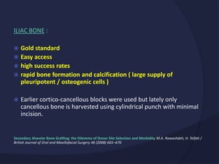 ILIAC BONE :
 Gold standard
 Easy access
 high success rates
 rapid bone formation and calcification ( large supply of
pleuripotent / osteogenic cells )
 Earlier cortico-cancellous blocks were used but lately only
cancellous bone is harvested using cylindrical punch with minimal
incision.
Secondary Alveolar Bone Grafting: the Dilemma of Donor Site Selection and Morbidity M.A. Rawashdeh, H. Telfah /
British Journal of Oral and Maxillofacial Surgery 46 (2008) 665–670
 
