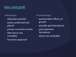 Disadvantages
• questionable effects on
growth
• possible gait disturbance
• post operative
hematoma
• donor site morbidity
Advantages
• adequate quantity
• easily condensed and
placed
• proven successful results
• little donor site
morbidity
• two team approach
Iliac crest graft
 