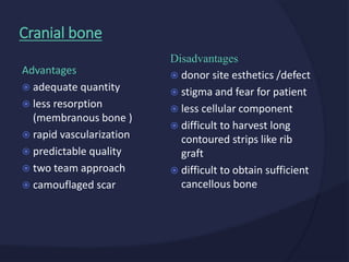 Disadvantages
 donor site esthetics /defect
 stigma and fear for patient
 less cellular component
 difficult to harvest long
contoured strips like rib
graft
 difficult to obtain sufficient
cancellous bone
Advantages
 adequate quantity
 less resorption
(membranous bone )
 rapid vascularization
 predictable quality
 two team approach
 camouflaged scar
Cranial bone
 