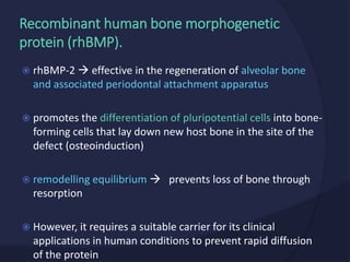  rhBMP-2  effective in the regeneration of alveolar bone
and associated periodontal attachment apparatus
 promotes the differentiation of pluripotential cells into bone-
forming cells that lay down new host bone in the site of the
defect (osteoinduction)
 remodelling equilibrium  prevents loss of bone through
resorption
 However, it requires a suitable carrier for its clinical
applications in human conditions to prevent rapid diffusion
of the protein
Recombinant human bone morphogenetic
protein (rhBMP).
 