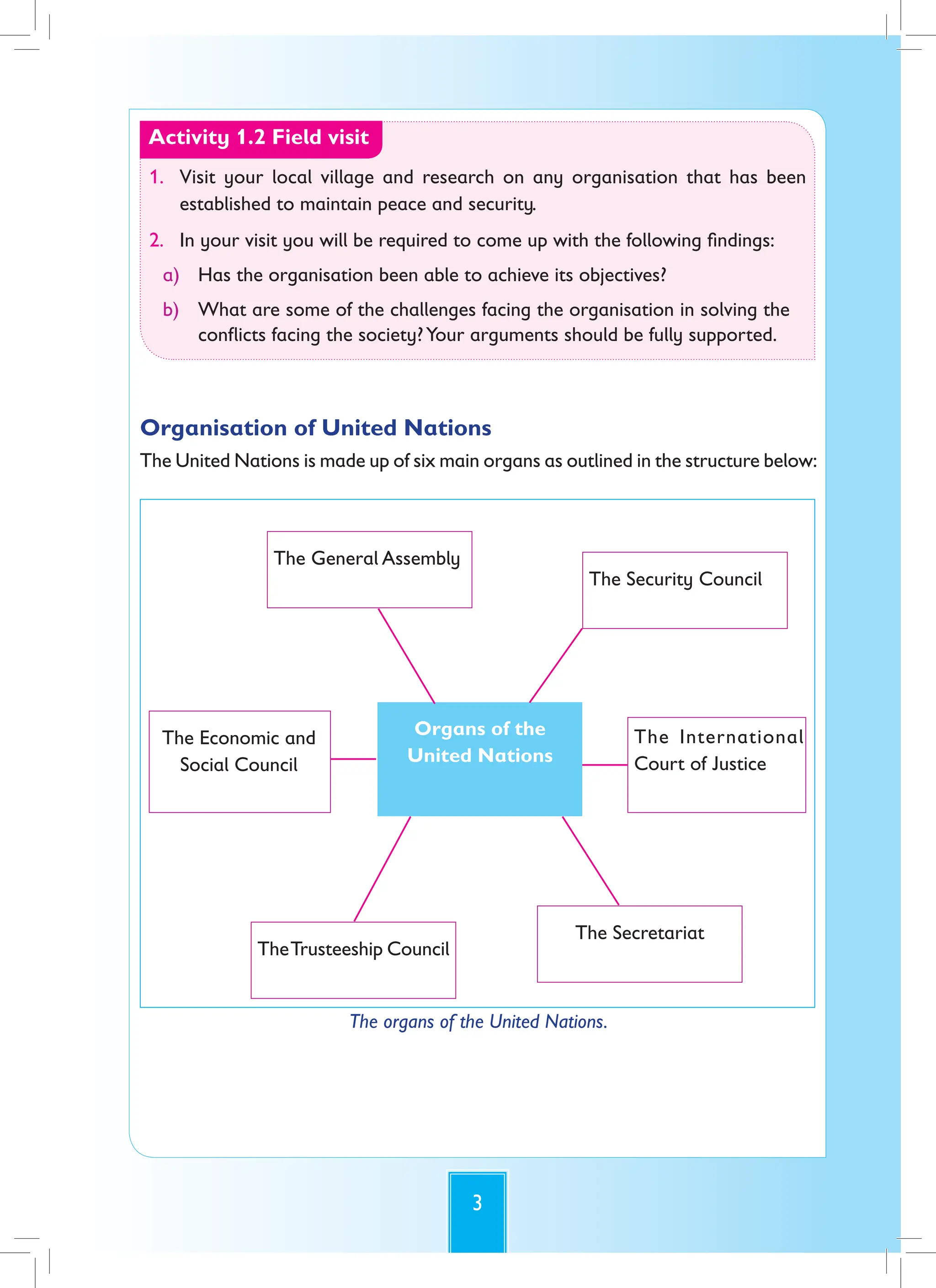 3
Activity 1.2 Field visit
1. Visit your local village and research on any organisation that has been
established to maintain peace and security.
2. In your visit you will be required to come up with the following findings:
a) Has the organisation been able to achieve its objectives?
b) What are some of the challenges facing the organisation in solving the
conflicts facing the society?Your arguments should be fully supported.
Organisation of United Nations
The United Nations is made up of six main organs as outlined in the structure below:
The General Assembly
The Security Council
Organs of the
United Nations
The International
Court of Justice
The Secretariat
TheTrusteeship Council
The Economic and
Social Council
The organs of the United Nations.
 