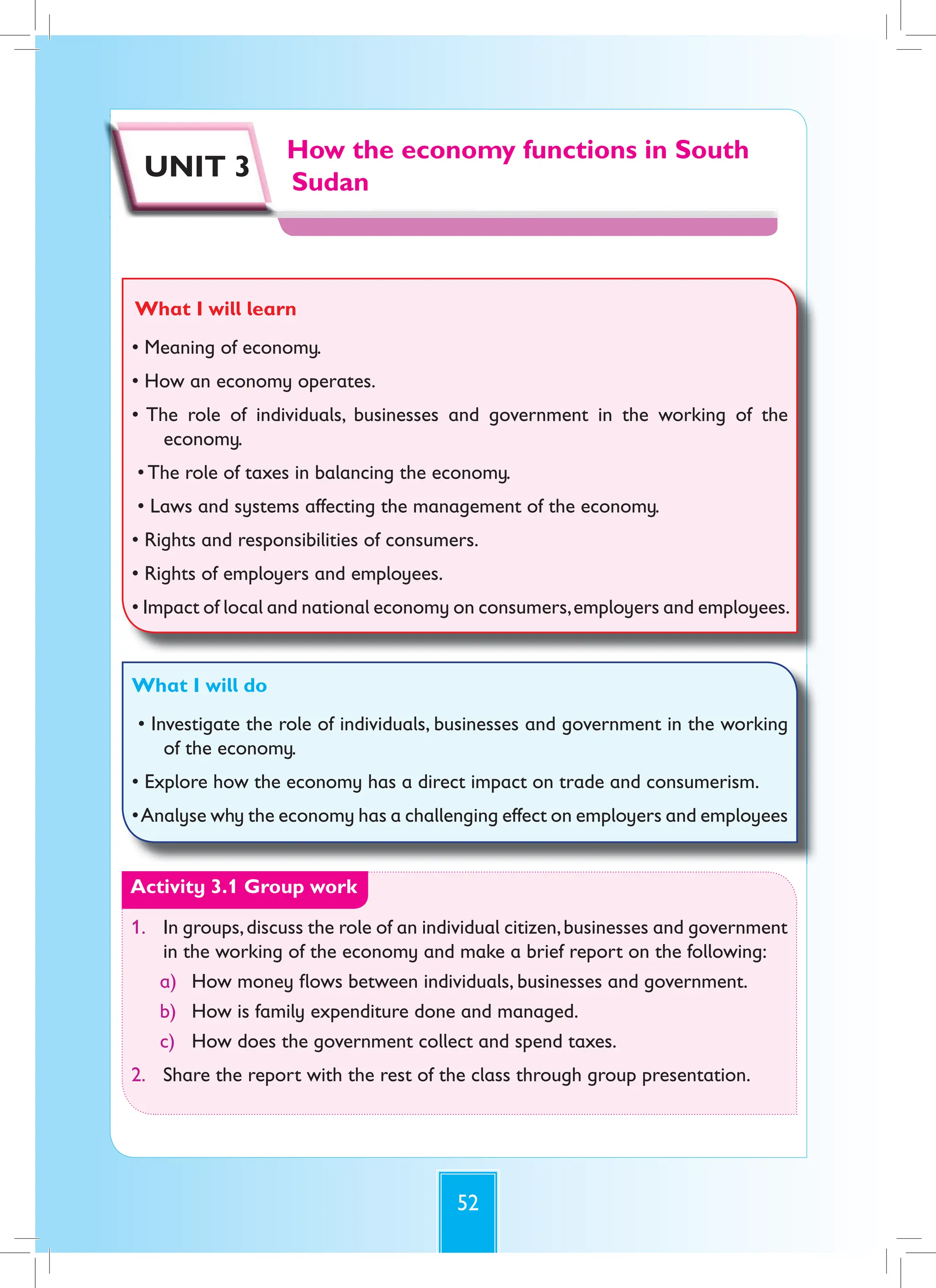 52
How the economy functions in South
Sudan
How the economy functions in South
Sudan
UNIT 3
What I will learn
• Meaning of economy.
• How an economy operates.
• The role of individuals, businesses and government in the working of the
economy.
• The role of taxes in balancing the economy.
• Laws and systems affecting the management of the economy.
• Rights and responsibilities of consumers.
• Rights of employers and employees.
• Impact of local and national economy on consumers,employers and employees.
What I will do
• Investigate the role of individuals, businesses and government in the working
of the economy.
• Explore how the economy has a direct impact on trade and consumerism.
•Analyse why the economy has a challenging effect on employers and employees
Activity 3.1 Group work
1. In groups,discuss the role of an individual citizen,businesses and government
in the working of the economy and make a brief report on the following:
a) How money flows between individuals, businesses and government.
b) How is family expenditure done and managed.
c) How does the government collect and spend taxes.
2. Share the report with the rest of the class through group presentation.
 