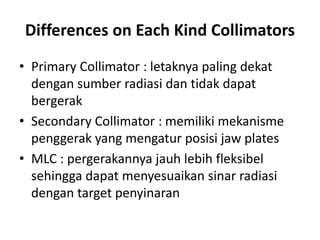 Differences on Each Kind Collimators
• Primary Collimator : letaknya paling dekat
dengan sumber radiasi dan tidak dapat
bergerak
• Secondary Collimator : memiliki mekanisme
penggerak yang mengatur posisi jaw plates
• MLC : pergerakannya jauh lebih fleksibel
sehingga dapat menyesuaikan sinar radiasi
dengan target penyinaran
 