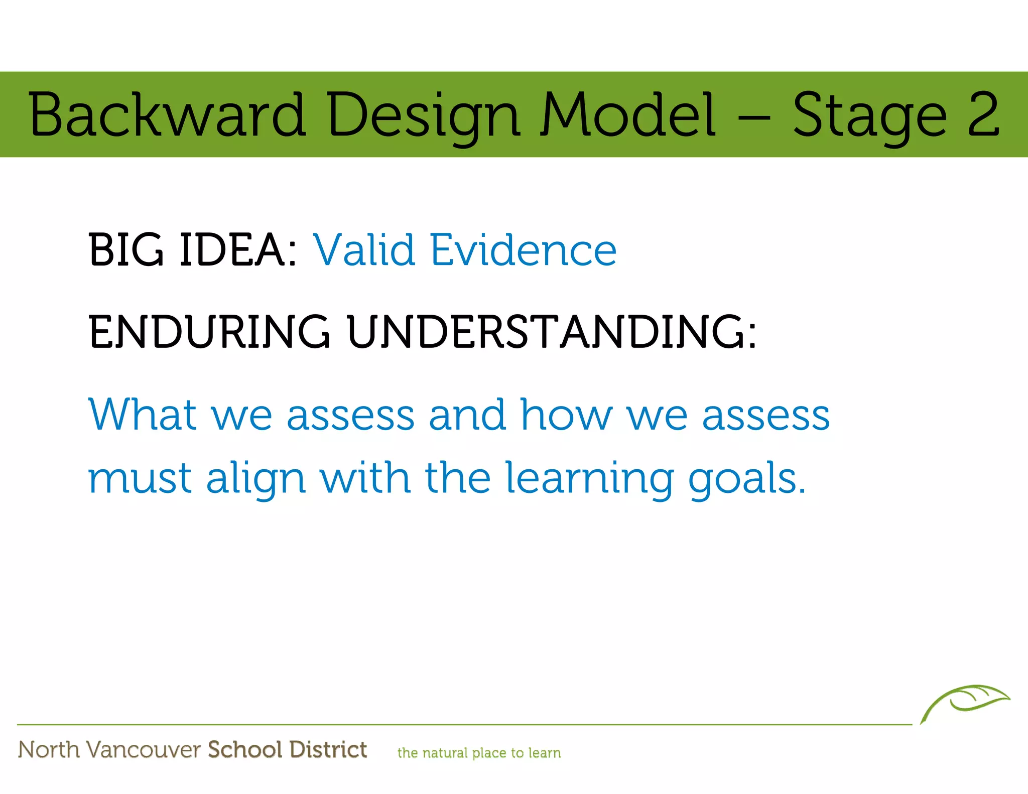 Backward Design Model – Stage 2

 BIG IDEA: Valid Evidence
 ENDURING UNDERSTANDING:
 What we assess and how we assess
 must align with the learning goals.
 