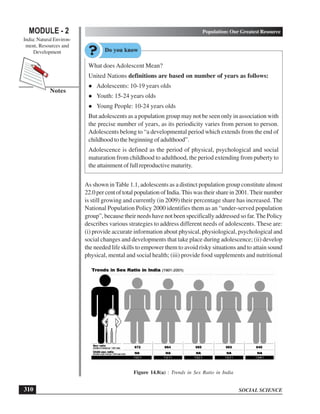 SOCIAL SCIENCE
MODULE - 2 Population: Our Greatest Resource
India: Natural Environ-
ment, Resources and
Development
310
Notes
What does Adolescent Mean?
United Nations definitions are based on number of years as follows:
l Adolescents: 10-19 years olds
l Youth: 15-24 years olds
l Young People: 10-24 years olds
But adolescents as a population group may not be seen only in association with
the precise number of years, as its periodicity varies from person to person.
Adolescents belong to “a developmental period which extends from the end of
childhood to the beginning of adulthood”.
Adolescence is defined as the period of physical, psychological and social
maturation from childhood to adulthood, the period extending from puberty to
the attainment of full reproductive maturity.
As shown in Table 1.1, adolescents as a distinct population group constitute almost
22.0 per cent of total population of India. This was their share in 2001. Their number
is still growing and currently (in 2009) their percentage share has increased. The
National Population Policy 2000 identifies them as an “under-served population
group”, because their needs have not been specifically addressed so far.The Policy
describes various strategies to address different needs of adolescents. These are:
(i) provide accurate information about physical, physiological, psychological and
social changes and developments that take place during adolescence; (ii) develop
the needed life skills to empower them to avoid risky situations and to attain sound
physical, mental and social health; (iii) provide food supplements and nutritional
Figure 14.8(a) : Trends in Sex Ratio in India
 