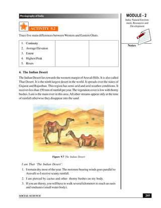 MODULE - 2
India: Natural Environ-
ment, Resources and
Development
205
Physiography of India
SOCIAL SCIENCE
Notes
ACTIVITY 9.2
Trace five main differences between Western and Eastern Ghats.
1. Continuity
2. AverageElevation
3. Extent
4. Highest Peak
5. Rivers
4. The Indian Desert
The Indian Desert lies towards the western margin ofAravali Hills. It is also called
Thar Desert. It is the ninth largest desert in the world. It spreads over the states of
Gujarat and Rajasthan. This region has semi-arid and arid weather conditions. It
receiveslessthan150mmofrainfallperyear.Thevegetationcoverislowwiththorny
bushes. Luni is the main river in this area.All other streams appear only at the time
of rainfall otherwise they disappear into the sand.
Figure 9.7 The Indian Desert
I am Thar ‘The Indian Desert’:
1. I remain dry most of the year. The moisture bearing winds goes parallel to
Aravalli so I receive scanty rainfall.
2. I am pierced by cactus and other thorny bushes on my body.
3. If you are thirsty, you will have to walk several kilometers to reach an oasis
and sinduates (small water body).
 