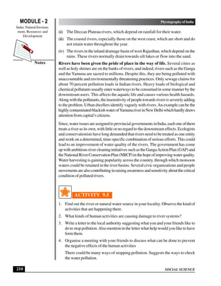 SOCIAL SCIENCE
MODULE - 2 Physiography of India
India: Natural Environ-
ment, Resources and
Development
210
Notes
(ii) The Deccan Plateau rivers, which depend on rainfall for their water.
(iii) The coastal rivers, especially those on the west coast, which are short and do
not retain water throughout the year.
(iv) The rivers in the inland drainage basin of west Rajasthan, which depend on the
rains. These rivers normally drain towards silt lakes or flow into the sand.
Rivers have been given the pride of place in the way of life. Several cities as
well as holy shrines are on the banks of rivers, and indeed, rivers such as the Ganga
and the Yamuna are sacred to millions. Despite this, they are being polluted with
unaccountable and environmentally threatening practices. Only sewage claims for
about 70 percent pollution loads in Indian rivers. Heavy loads of biological and
chemical pollutants usually enter waterways to be consumed in some manner by the
downstream users. This affects the aquatic life and causes various health hazards.
Alongwiththepollutants,theinsensitivityofpeopletowardsriversisseverelyadding
to the problem. Urban dwellers identify vaguely with rivers.An example can be the
highlycontaminatedblackishwaterofYamunariverinNewDelhiwhichhardlydraws
attention from capital’s citizens.
Since,waterissuesareassignedtoprovincialgovernmentsinIndia,eachoneofthem
treats a river as its own, with little or no regard to the downstream effects. Ecologists
and conservationists have long demanded that rivers need to be treated as one entity
and work on a determined, time-specific combination of serious efforts. This could
lead to an improvement of water quality of the rivers. The government has come
upwithambitiousrivercleaninginitiativessuchastheGangaActionPlan(GAP)and
theNationalRiverConservationPlan(NRCP)inthehopeofimprovingwaterquality.
Water harvesting is gaining popularity across the country, through which monsoon
waters could be retained in the river basins. Several civic organizations and people
movementsarealsocontributinginraisingawarenessandsensitivityaboutthecritical
condition of polluted rivers.
ACTIVITY 9.5
1. Find out the river or natural water source in your locality. Observe the kind of
activities that are happening there.
2. What kinds of human activities are causing damage to river systems?
3. Write a letter to the local authority suggesting what you and your friends like to
do to stop pollution.Also mention in the letter what help would you like to have
formthem.
4. Organise a meeting with your friends to discuss what can be done to prevent
the negative effects of the human activities
There could be many ways of stopping pollution. Suggests the ways to check
the water pollution.
 