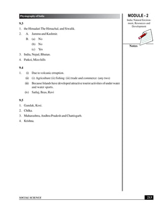 MODULE - 2
India: Natural Environ-
ment, Resources and
Development
213
Physiography of India
SOCIAL SCIENCE
Notes
9.3
1. the Himadari The Himachal, and Siwalik.
2. A. Jammu and Kashmir.
B. (a) No
(b) No
(c) Yes
3. India, Nepal, Bhutan.
4. Patkoi, Mizo hills
9.4
1. (i) Due to volcanic erruption.
(ii) (i) Agriculture (ii) fishing (iii) trade and commerce (any two)
(iii) BecauseIslandshavedevelopedattractivetouristactivitiesofunderwater
and water sports.
(iv) Satluj, Beas, Ravi
9.5
1. Gandak, Kosi.
2. Chilka.
3. Maharashtra,Andhra Pradesh and Chattisgarh.
4. Krishna.
 