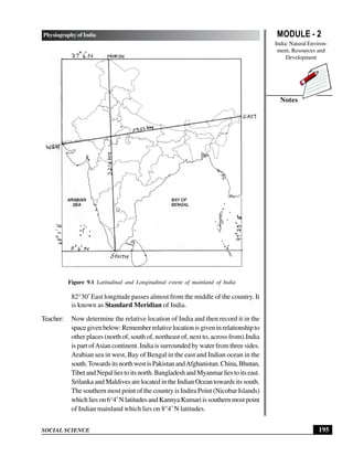 MODULE - 2
India: Natural Environ-
ment, Resources and
Development
195
Physiography of India
SOCIAL SCIENCE
Notes
82°30′ East longitude passes almost from the middle of the country. It
is known as Standard Meridian of India.
Teacher: Now determine the relative location of India and then record it in the
spacegivenbelow:Rememberrelativelocationisgiveninrelationshipto
other places (north of, south of, northeast of, next to, across from).India
is part ofAsian continent. India is surrounded by water from three sides.
Arabian sea in west, Bay of Bengal in the east and Indian ocean in the
south.TowardsitsnorthwestisPakistanandAfghanistan.China,Bhutan,
TibetandNepalliestoitsnorth.BangladeshandMyanmarliestoitseast.
Srilanka and Maldives are located in the Indian Ocean towards its south.
The southern most point of the country is Indira Point (Nicobar Islands)
whichlieson6°4′ NlatitudesandKannyaKumariissouthernmostpoint
of Indian mainland which lies on 8°4′ N latitudes.
Figure 9.1 Latitudinal and Longitudinal extent of mainland of India
 