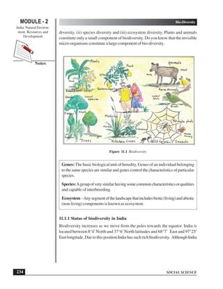 SOCIAL SCIENCE
Bio-Diversity
234
MODULE - 2
India: Natural Environ-
ment, Resources and
Development
Notes
diversity, (ii) species diversity and (iii) ecosystem diversity. Plants and animals
constitute only a small component of biodiversity. Do you know that the invisible
micro-organisms constitute a large component of bio-diversity.
Figure 11.1 Biodiversity
Genes: The basic biological unit of heredity. Genes of an individual belonging
to the same species are similar and genes control the characteristics of particular
species.
Species:Agroupofverysimilarhavingsomecommoncharacteristicsorqualities
and capable of interbreeding.
Ecosystem–Anysegmentofthelandscapethatincludesbiotic(living)andabiotic
(non-living) components is known as ecosystem.
11.1.1 Status of biodiversity in India
Biodiversity increases as we move from the poles towards the equator. India is
located between 8°4′ North and 37°6′ North latitudes and 68°7′ East and 97°25′
East longitude. Due to this position India has such rich biodiversity. Although India
 