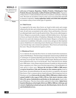 SOCIAL SCIENCE
Bio-Diversity
240
MODULE - 2
India: Natural Environ-
ment, Resources and
Development
Notes
arid areas of Gujarat, Rajasthan, Madhya Pradesh, Chhattisgarh, Uttar
Pradesh, Haryana, Karnataka,Andhra Pradesh and Maharashtra.Vegetation
of these forests is widely distributed in the form of small trees and bushes with deep
roots.The stems are succulent to conserve water. Leaves are mostly thick and small
tominimizeevaporation. Acacia,euphorbias,babul,cacti,khair,dateandpalms
are common variety of trees in this type of vegetation.
(iv) Tidal Forests
As suggested by the name, these forests are found in tidal creeks and swamps
influenced by the tides and wetland topography. These areas are characterized by
mud, silt and water accumulated on the surface. Roots and branches of the trees
aresubmergedunderwaterforspecificperiodoftime.Theyarealsocalledmangrove
forests. Mangroves are practically evergreen with thick leathery leaves. Such types
of forests are found in the deltas of Sundarbans, Mahanadi, the Godavari, Krishna,
Kaveri rivers and in theAndaman and Nicobar Islands. Mangrove or Sundari is the
commontreeinsunderbanswhilepalm,coconut,keora,andagarareotherimportant
species of tidal forest. It is interesting to know that this type of forests have remained
away from the large scale commercial exploitation. These forests are located along
the coasts. They provide protection against cyclones.
(v) Himalayan Forest
As is evident by the name that these forests are mainly found in the mountainous
regionoftheHimalayas.Thedecreasingintemperatureandincreasinginaltitudelead
to varied types of vegetation depending upon the factors like slope of the mountain
and sunrays receiving side. The ecosystem is highly fragile. Himalayan forests have
been exploited in many ways in recent decades.Areas with relatively low altitude
up to 1000 meters, warm climate and good amount of rainfall are characterized by
dense vegetation cover. These areas look like tropical forest. Sal and Bamboo are
main species in these areas. Between the elevation of 1000 to 2000 meters
evergreen broad leave Oak and Chestnut are the common species found in
these forests. In eastern Himalayas the same elevation is occupied by sub tropical
Pine forests. Chir is common species found in this part. Moist temperate forest in
Himalayas are found between the elevation 1500 to 3500 meters which receives
annual rainfall in the range of 100 to 250 cm. Oak, laurel, chestnut, cedar,
Silver, Fir, spruce rhododendron and deodarare the main species found in this
part of Himalayas. They have been widely exploited for their timber. Alpine forest
found in Himalayas at the height of between 3000 to 3800 mts with large and
extensive highland grassland and sparsely distributed pine, birch, sliver, fir
and rhododendron trees.
 