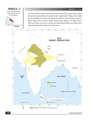 SOCIAL SCIENCE
MODULE - 2 Agriculture in India
India: Natural Environ-
ment, Resources and
Development
258
Notes
are sown in May-August and harvested in October-November.Today millets
are mostly consumed by poor people as their staple food. In India, lots of millet
is grown and these are known by various local names. Some of these areJawar,
Bajra, Ragi, Korra, Kodon, Kutki, Hraka, Bauti, Rajgira. In India, Jawar,
Bajra and Ragi are grown.on large areas But unfortunately area under these
crops has drastically reduced over the years.
Figure 12.2: India: Wheat Producing Areas
 