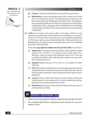 SOCIAL SCIENCE
MODULE - 2 Agriculture in India
India: Natural Environ-
ment, Resources and
Development
266
Notes
(d) Labour: Cheap and efficient labour is required for tea production
(e) Distribution: Assam is the leading producer that accounts for more than
50% of tea production of India. Tea producing areas of Assam are the
hill slopes bordering the Brahmaputra and Surma valleys.West Bengal is
thesecondlargestproducerofteawhereteaismostlygrowninthedistricts
of Darjeeling, Siliguri, Jalpaiguri and Cooch Bihar districts. Tamil Nadu
is the third largest producer where tea growing areas are mostly restricted
toNilgirihills.
(ii) Coffee: Do you know from where coffee was brought to India? It is the
indigenous crop of Ethiopia (Abysinia Plateau). From Ethiopia, it was taken to
Yemen in 11th Century. FromArabia, the seeds were brought by Baba Budan
in 17th Century and were raised in Baba Budan hills of Karnataka. But it was
Britishplanterswhotookkeeninterestandlargecoffeeestateswereestablished
in the hills of Western Ghats.
Some of the geographical conditions for the growth of coffee are as follows:
(a) Temperature:Itrequireshotandhumidclimatewithtemperaturevarying
between 15°C and 28°C. It is generally grown under shady trees.
Therefore, strong sun shine, high temperature above 30°C, frost and
snowfallareharmfulforcoffeecultivation.Dryweatherisnecessaryatthe
time of ripening of berries.
(b) Rainfall: Rainfall between 150 to 250 cm is favourable for coffee
cultivation.
(c) Soil:Well drained, rich friable loamy soil containing good deal of humus
andmineralslikeironandcalciumareidealforcoffeecultivation.Thesoil
must be properly manured to retain and replenish fertility and to increase
productivity.
(d) Labour: Like tea, coffee cultivation also requires plenty of cheap and
skilled labour for various purposes like sowing, transplanting, pruning,
plucking, dying, grading and packing of coffee.
(e) Distribution: Karnataka, Kerala and Tamil Nadu are the main states of
coffee production in India.
INTEXT QUESTIONS 12.2
1. Explainanythreegeographicalconditionsrequiredforthecultivationofcotton?
2. How will India cloth its billion + population if cotton crop fails for successive
number of years?
 