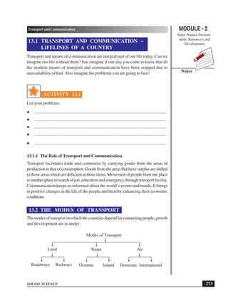 MODULE - 2
India: Natural Environ-
ment, Resources and
Development
273
TransportandCommunication
SOCIAL SCIENCE
Notes
13.1 TRANSPORT AND COMMUNICATION –
LIFELINES OF A COUNTRY
Transport and means of communication are integral part of our life today. Can we
imagine our life without them? Just imagine if one day you come to know that all
the modern means of transport and communication have been stopped due to
unavailability of fuel.Also imagine the problems you are going to face!
ACTIVITY 13.1
List your problems:
 ......................................................................................................................
 ......................................................................................................................
 ......................................................................................................................
 ......................................................................................................................
 ......................................................................................................................
13.1.1 The Role of Transport and Communication
Transport facilitates trade and commerce by carrying goods from the areas of
productiontothatofconsumption.Goodsfromtheareasthathavesurplusareshifted
tothoseareaswhicharedeficientinthoseitems.Movementofpeoplefromoneplace
toanotherplaceinsearchofjob,educationandemergencythroughtransportfacility.
Communication keeps us informed about the world’s events and trends. It brings
in positive changes in the life of the people and thereby enhancing their economic
conditions.
13.2 THE MODES OF TRANSPORT
Themodesoftransportonwhichthecountriesdependforconnectingpeople,growth
and development are as under:
Modes of Transport
Land Water Air
Roadways Railways Oceanic Inland Domestic International
 