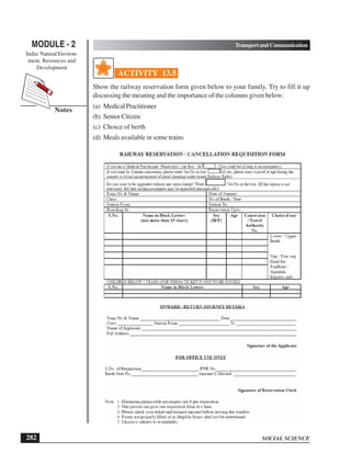 SOCIAL SCIENCE
MODULE - 2 TransportandCommunication
India: Natural Environ-
ment, Resources and
Development
282
Notes
ACTIVITY 13.5
Show the railway reservation form given below to your family. Try to fill it up
discussing the meaning and the importance of the columns given below:
(a) MedicalPractitioner
(b) SeniorCitizen
(c) Choice of berth
(d) Meals available in some trains
 