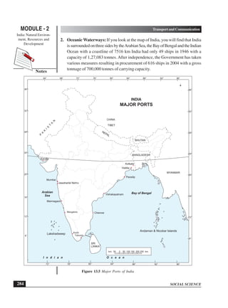 SOCIAL SCIENCE
MODULE - 2 TransportandCommunication
India: Natural Environ-
ment, Resources and
Development
284
Notes
2. Oceanic Waterways: If you look at the map of India, you will find that India
issurroundedonthreesidesbytheArabianSea,theBayofBengalandtheIndian
Ocean with a coastline of 7516 km India had only 49 ships in 1946 with a
capacity of 1,27,083 tonnes. After independence, the Government has taken
various measures resulting in procurement of 616 ships in 2004 with a gross
tonnage of 700,000 tonnes of carrying capacity.
Figure 13.5 Major Ports of India
Bay of Bengal
Lakshadweep
Andaman  Nicobar Islands
Arabian
Sea
I n d i a n O c e a n
INDIA
MAJOR PORTS
km. 50 0 50 100 150 200 250 km.
BHUTAN
BANGLADESH
CHINA
TIBET
NEPAL
P
A
K
I
S
T
A
N
MYANMAR
SRI
LANKA
64° 68° 76° 80°
72° 84° 88° 96°
92°
72° 80°
76° 88° 96°
92°
84°
8°
12°
16°
20°
24°
28°
32°
36°
8°
12°
16°
20°
24°
28°
32°
36°
Mumbai
Jawaharlal Nehru
Kandla
Marmagaon
Paradip
Vishakapatnam
Chennai
Kolkata
Haldia
Mangalore
Kochi
Tuticorin
km. 50 0 50 100 150 200 250 km.
km. 50 0 50 100 150 200 250 km.
 