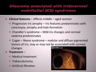  Clinical features – Affects middle – aged women
 Progressive iris atrophy – iris features predominates with
corectopia, atrophy and hole formation
 Chandler’s syndrome – Mild iris changes and corneal
oedema predominates
 Cogan – Reese syndrome – nodular and diffuse pigmented
lesions of iris, may or may not be associated with corneal
changes
 Treatment –
 Medical treatment
 Trabeculectomy
 Artificial filtration
 