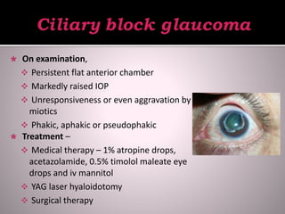  On examination,
 Persistent flat anterior chamber
 Markedly raised IOP
 Unresponsiveness or even aggravation by
miotics
 Phakic, aphakic or pseudophakic
 Treatment –
 Medical therapy – 1% atropine drops,
acetazolamide, 0.5% timolol maleate eye
drops and iv mannitol
 YAG laser hyaloidotomy
 Surgical therapy
 