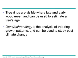 Copyright © 2008 Pearson Education, Inc., publishing as Pearson Benjamin Cummings
• Tree rings are visible where late and early
wood meet, and can be used to estimate a
tree’s age
• Dendrochronology is the analysis of tree ring
growth patterns, and can be used to study past
climate change
 