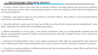 2. SECONDARY PHLOEM (BAST):
1) It forms a narrow circle on the outer side of vascular cambium. Secondary phloem does not grow in thickness
because the primary and the older secondary phloem present on the outer side gets crushed with the development of
new functional phloem.
2) Therefore, rings (annual rings) are not produced in secondary phloem. The crushed or non-functioning phloem
may, however, have fibres and sclereids.
3) Secondary phloem is made up of the same type of cells as are found in the primary phloem (metaphloem)— sieve
tubes, companion cells, phloem fibres and phloem parenchyma.
4) Phloem parenchyma is of two types— axial phloem parenchyma made up of longitudinally arranged cells and
phloem ray parenchyma formed of radially arranged parenchyma cells that constitute the part of the vascular ray
present in the phloem.
5) Elements of secondary phloem show a more regular arrangement. Sieve tubes are comparatively more numerous
but are shorter and broader. Sclerenchyma fibres occur either in patches or bands. Sclereids are found in many cases.
6) In such cases secondary phloem is differentiated into soft bast (secondary phloem without fibres) and hard bast
(part of phloem with abundant fibres).
 
