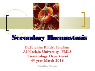 Secondary HaemostasisSecondary Haemostasis
Dr.Ibrahim Khider Ibrahim
Al-Neelain University -FMLS
Haematology Department
4th
year March 2018
4th Year LEctures-FMLs-Neelain
 