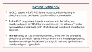PATHOPHYSIOLOGY
• In CKD, stages 3-5, FGF-23 levels increase, initially leading to
phosphaturia and decreased parathyroid hormone excretion.
• As the CKD progresses, there is a resistance in the kidney and
parathyroid gland to FGF-23 and a deficiency in the kidney of 1 alpha
hydroxylation of vitamin D, both of which result in reduced phosphorous
excretion.
• The deficiency of 1,25-dihydroxyvitamin D, along with the decreased
phosphorus excretion, results in hypocalcemia and hyperphosphatemia,
thereby maintaining stimulation of parathyroid hormone synthesis and
parathyroid gland hyperplasia.
 