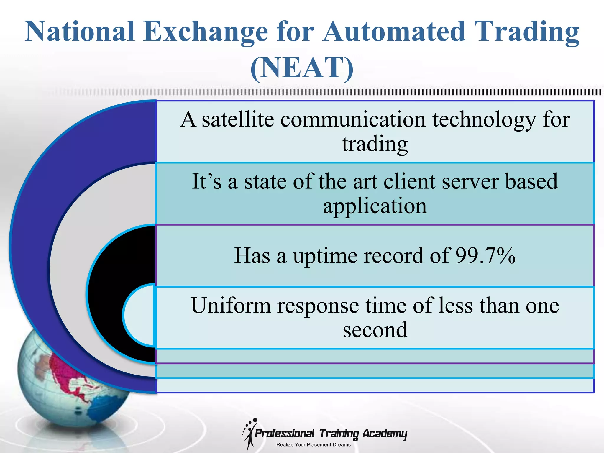 National Exchange for Automated Trading
                (NEAT)
          A satellite communication technology for
                          trading
           It’s a state of the art client server based
                            application

               Has a uptime record of 99.7%

           Uniform response time of less than one
                         second
 