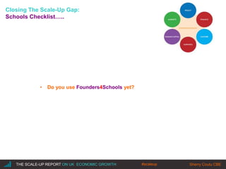 |THE SCALE-UP REPORT ON UK ECONOMIC GROWTH Sherry Coutu CBE
Closing The Scale-Up Gap:
Schools Checklist…..
• Do you use Founders4Schools yet?
#scaleup
 